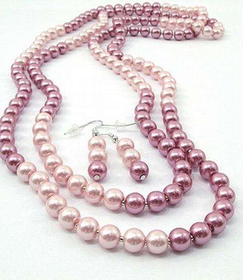 PINK GLASS PEARLS LONG NECKLACE AND EARRINGS SET
