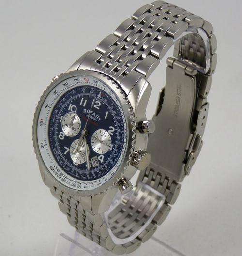 ROTARY Chronograph Aviator Pilot(Blue Dial) Gents Stainless Steel Strap Watch*ONLY 1 AVAILABLE*