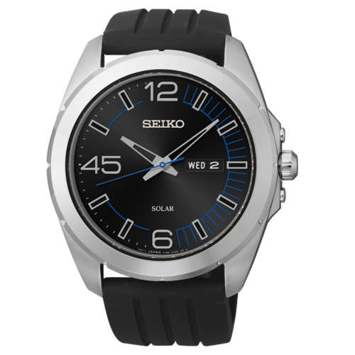 New SEIKO Solar Black Dial Day/Date Gents Sports Watch"NO MORE BATTERIES EVER!"