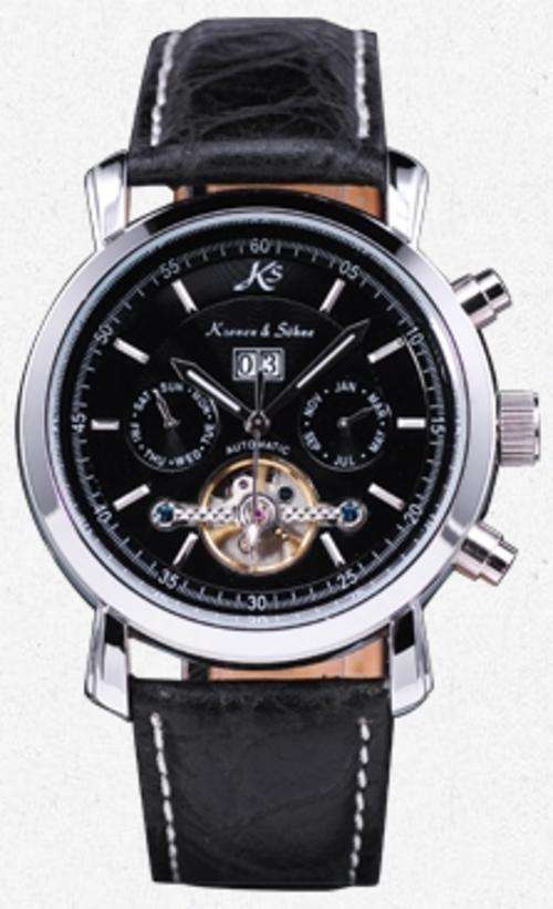 Kron & Sohne Mens Automatic Mechanical black leather watch