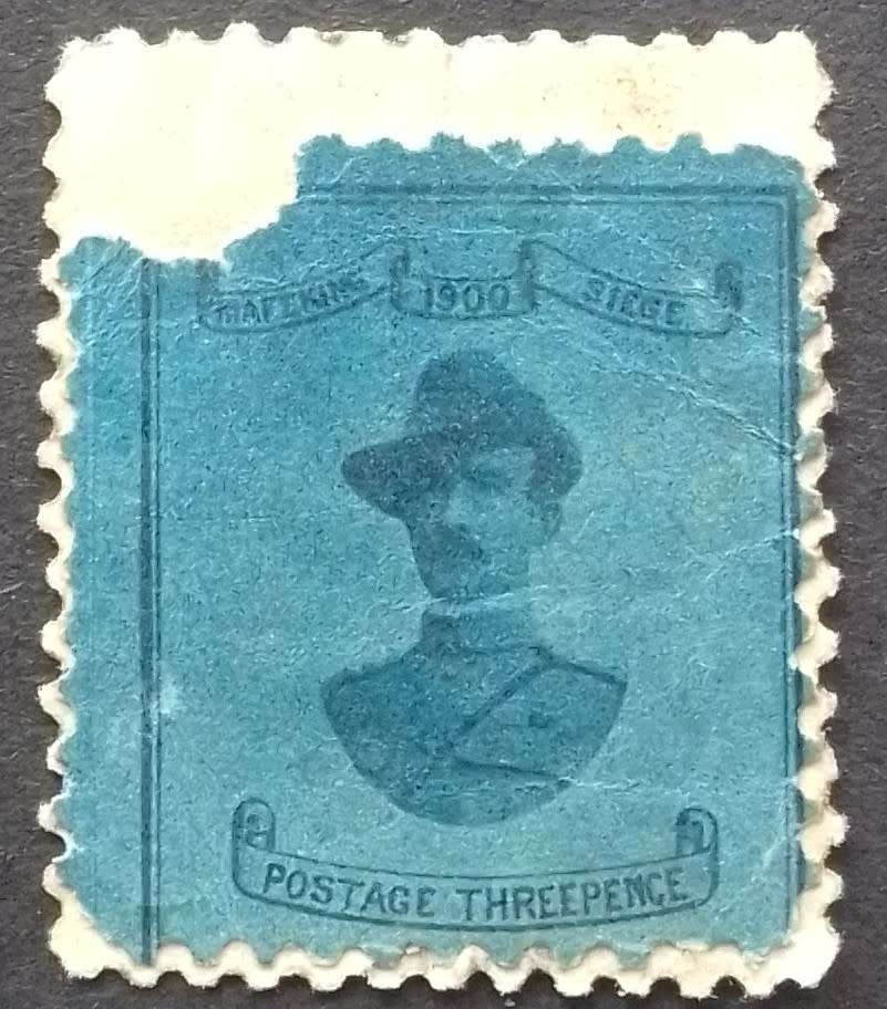 1900 blue 3 pence Mafeking stamp used kink in bottom left corner