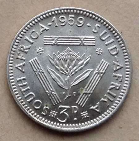 1959 SA UNION 3 PENCE AU/UNC