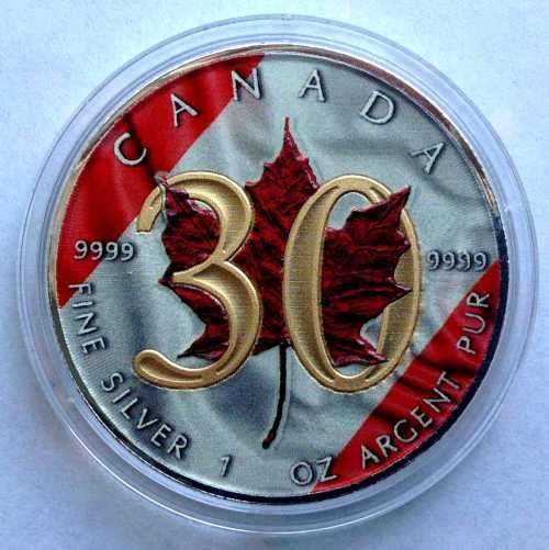 RARE CANADA 2018 $5 30TH ANN. MAPLE LEAF 1 Oz .999 SILVER, COLOURED,