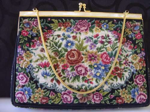Vintage 'Petite Pois' tapestry handbag with mother-of-pearl decoration