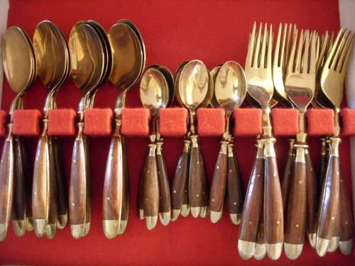 Vintage Thai bronze and rosewood 48 piece canteen for 12 in wooden box