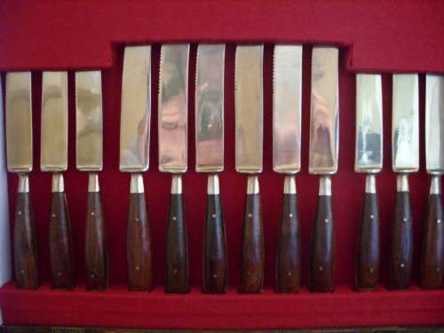 Vintage Thai bronze and rosewood 48 piece canteen for 12 in wooden box