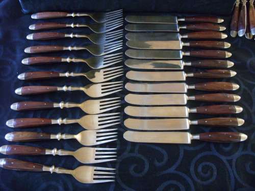 Vintage Thai bronze and rosewood 48 piece canteen for 12 in wooden box