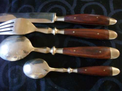 Vintage Thai bronze and rosewood 48 piece canteen for 12 in wooden box