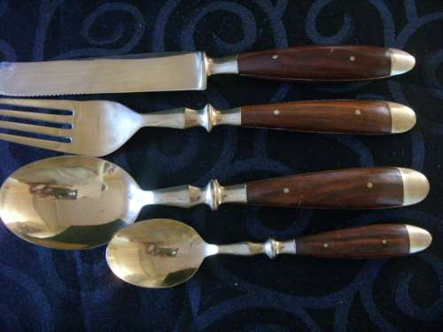 Vintage Thai bronze and rosewood 48 piece canteen for 12 in wooden box