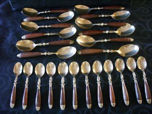 Vintage Thai bronze and rosewood 48 piece canteen for 12 in wooden box