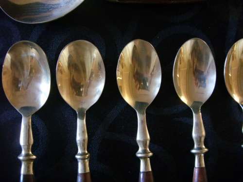 Vintage Thai bronze and rosewood 48 piece canteen for 12 in wooden box