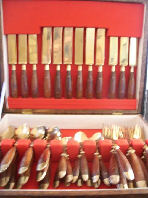 Vintage Thai bronze and rosewood 48 piece canteen for 12 in wooden box