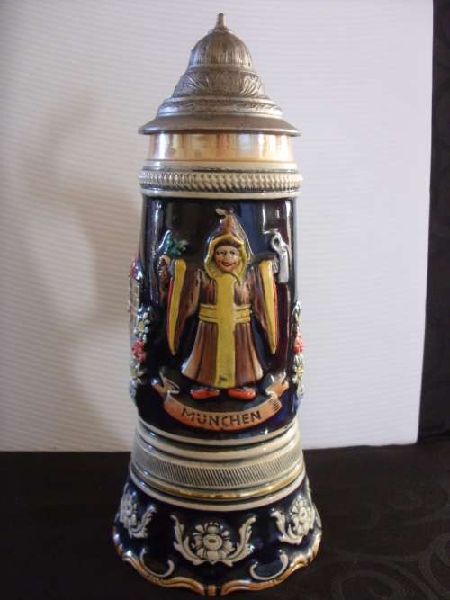 Tall Vintage Thorens Beer Stein, pottery & pewter music box 270 mm high