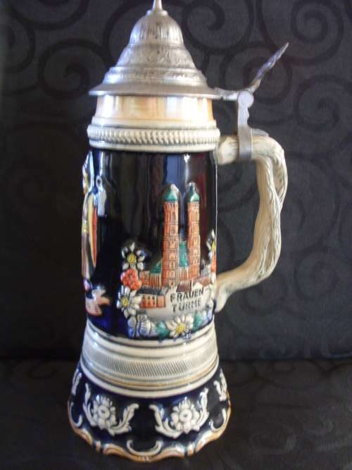 Tall Vintage Thorens Beer Stein, pottery & pewter music box 270 mm high