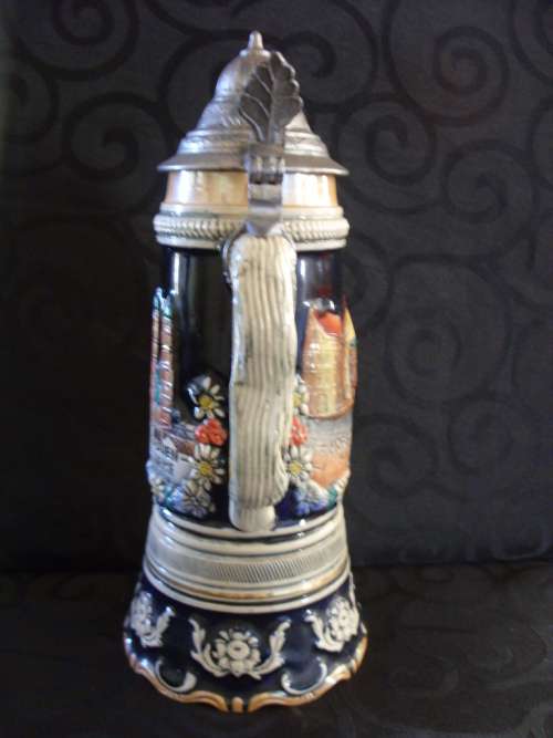 Tall Vintage Thorens Beer Stein, pottery & pewter music box 270 mm high