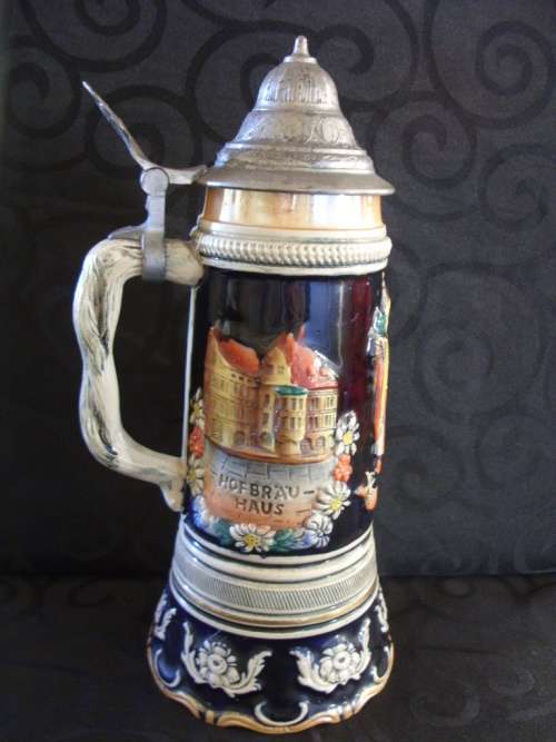 Tall Vintage Thorens Beer Stein, pottery & pewter music box 270 mm high