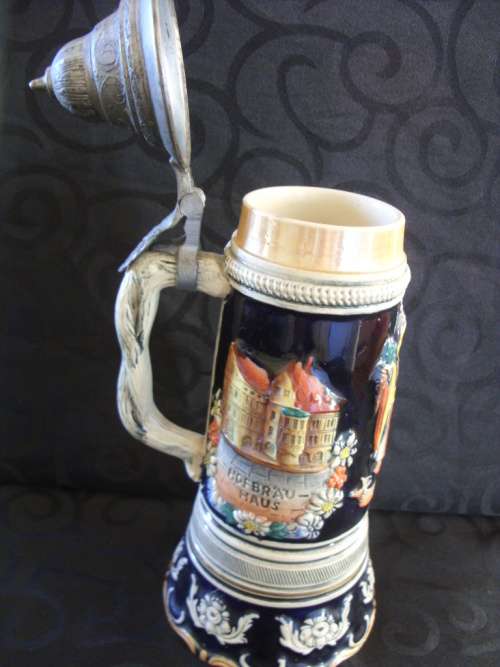 Tall Vintage Thorens Beer Stein, pottery & pewter music box 270 mm high
