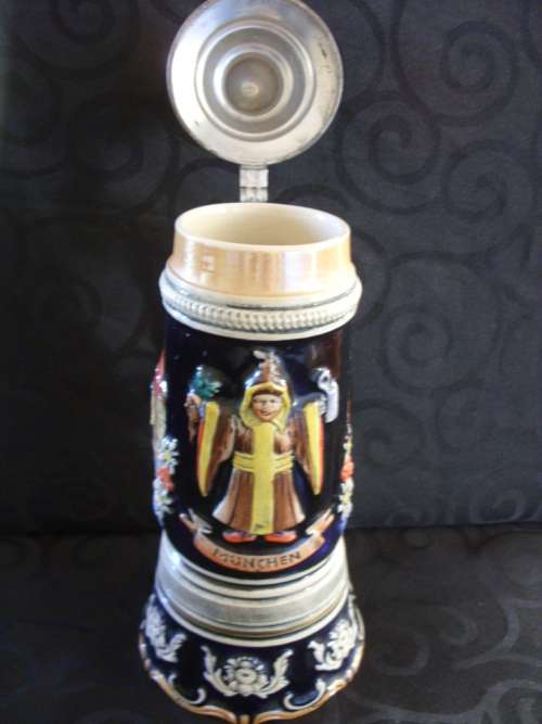 Tall Vintage Thorens Beer Stein, pottery & pewter music box 270 mm high