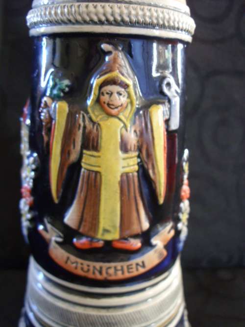 Tall Vintage Thorens Beer Stein, pottery & pewter music box 270 mm high