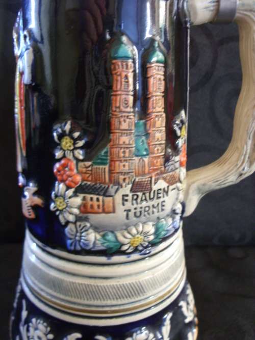 Tall Vintage Thorens Beer Stein, pottery & pewter music box 270 mm high