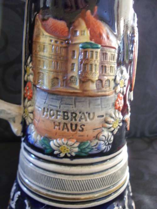 Tall Vintage Thorens Beer Stein, pottery & pewter music box 270 mm high