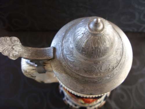 Tall Vintage Thorens Beer Stein, pottery & pewter music box 270 mm high