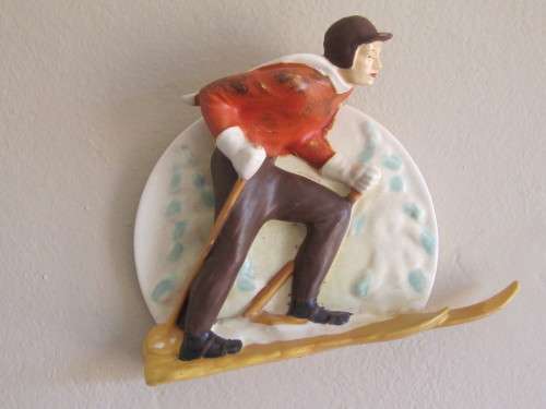 SALE!! Stunning ceramic Retro wall plaque of a skier in 3-D