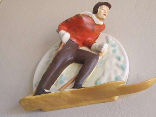 SALE!! Stunning ceramic Retro wall plaque of a skier in 3-D