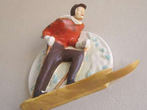 SALE!! Stunning ceramic Retro wall plaque of a skier in 3-D