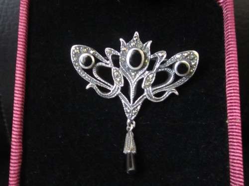 Art Deco costume jewellery brooch with marcasites & black glass