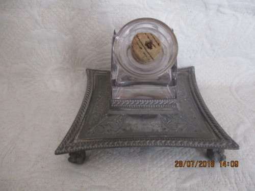 Vintage Glass inkwell on a Walker & Hall Sheffield made pewter stand -WOW!!