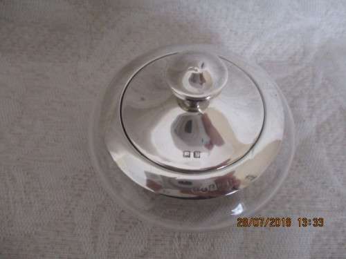 Glass powder bowl with hallmarked silver rim and lid - Birmingham circa 1923