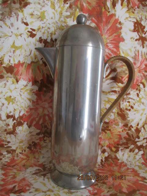 Pewter coffee plunger (coffeetiere) with wicker handle made by Nick Munro in England - 29 cm high