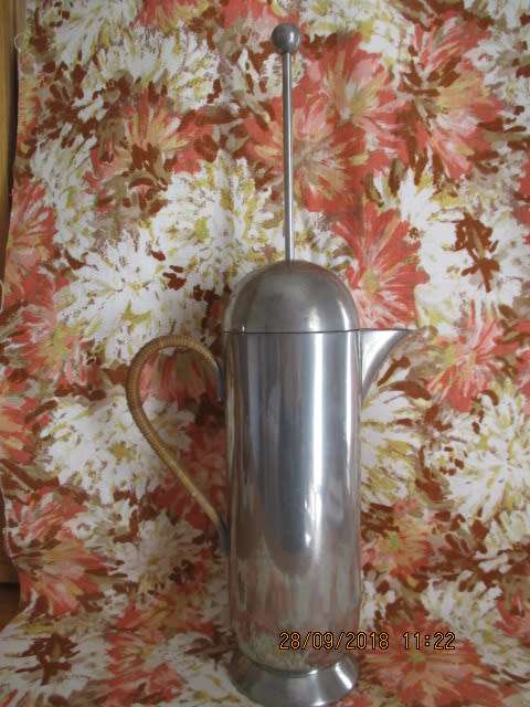 Pewter coffee plunger (coffeetiere) with wicker handle made by Nick Munro in England - 29 cm high