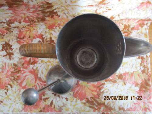 Pewter coffee plunger (coffeetiere) with wicker handle made by Nick Munro in England - 29 cm high