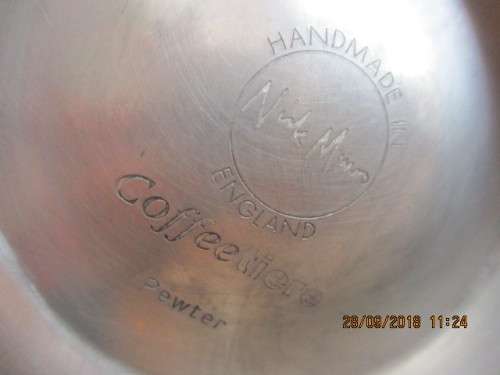 Pewter coffee plunger (coffeetiere) with wicker handle made by Nick Munro in England - 29 cm high