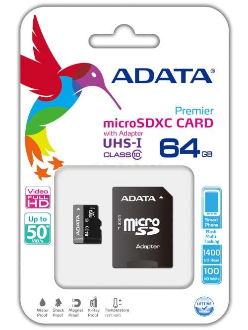 Adata 64Gb Micro SD Card with SD Adaptor - SDXC - Class 10