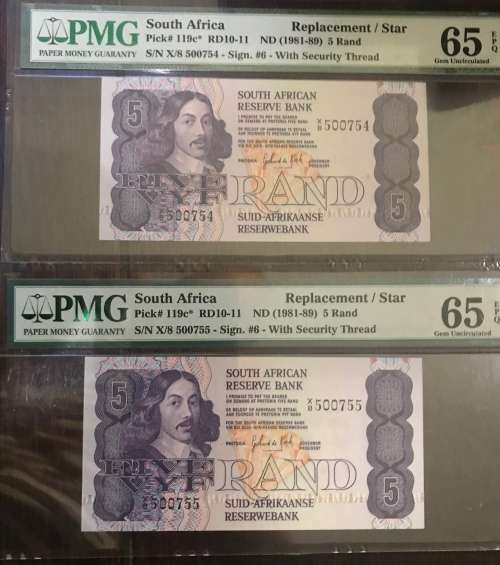 2x PMG GRADED ( R5 * REPLACEMENT NOTE ) GEM. 65 in Sequence!!!