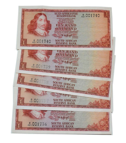 Bank Notes One Rand TW de Jongh set of 5