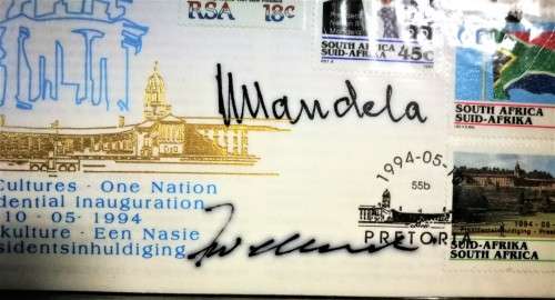MANDELA & DE KLERK AUTHENTIC SIGNATURE - CECIL GREENFIELD COA - SIGNED 10/05/1994 PRES. INAUGURATION
