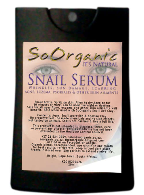 Complexion renewal Snail Serum 20ml by SoOrganic. Wrinkles, Blemishes, pigmentation and sun damage.