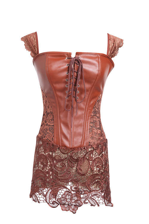 Sexy Lace Patchwork Leather Corset Shapewear Plus Size Bodysuit Steampunk