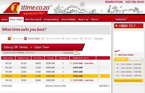 1TIME FLIGHT TICKET FROM OR TAMBO-CAPE TOWN ON 27 DECEMBER 2011