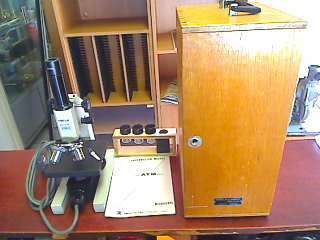 Meiji ATM-8 Vintage Microscope +3 Bottles + Spare Globe  + Wooden Carry Box