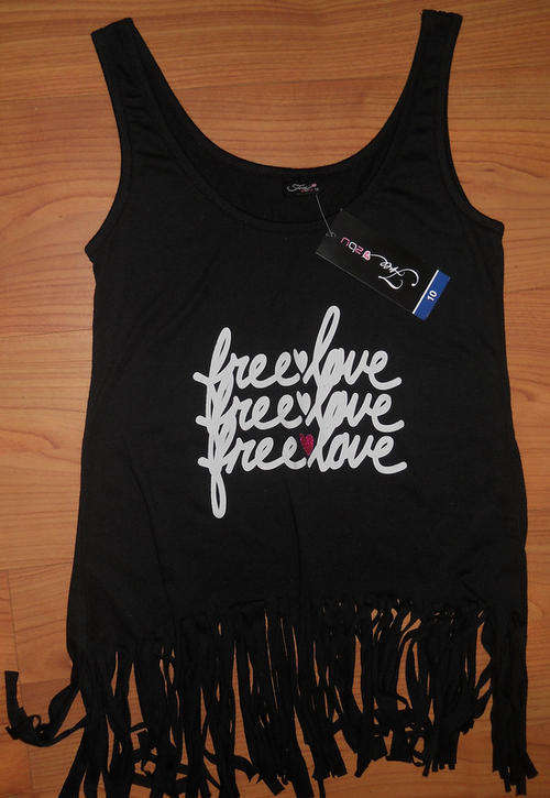 Free 2bU, Black "Free Love" Tassled Top, size 10