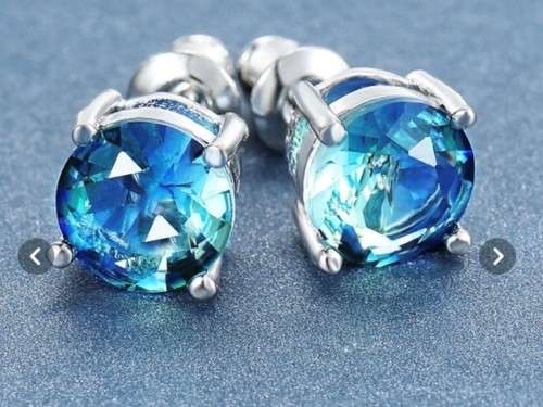 ** 8MM ROUND AQUAMARINE SAPPHIRE STUD EARRINGS IN 925 STERLING SILVER **