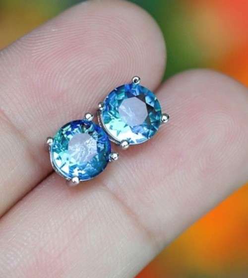 ** 8MM ROUND AQUAMARINE SAPPHIRE STUD EARRINGS IN 925 STERLING SILVER **