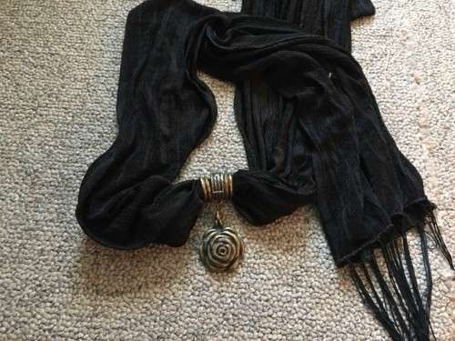 **STUNNING ORIGINAL BLACK SCARF WITH BRASS ROSE** TRUELY UNIQUE. BRAND NEW.