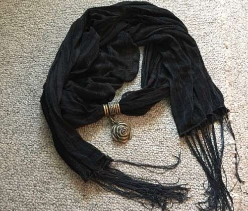 **STUNNING ORIGINAL BLACK SCARF WITH BRASS ROSE** TRUELY UNIQUE. BRAND NEW.