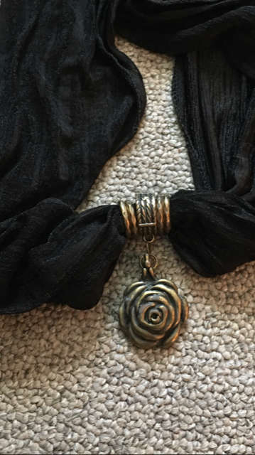 **STUNNING ORIGINAL BLACK SCARF WITH BRASS ROSE** TRUELY UNIQUE. BRAND NEW.